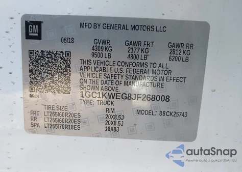 2018 Chevrolet Silverado 2500Hd Ltz из США, поврежденный, VIN 1GC1KWEG8JF268008